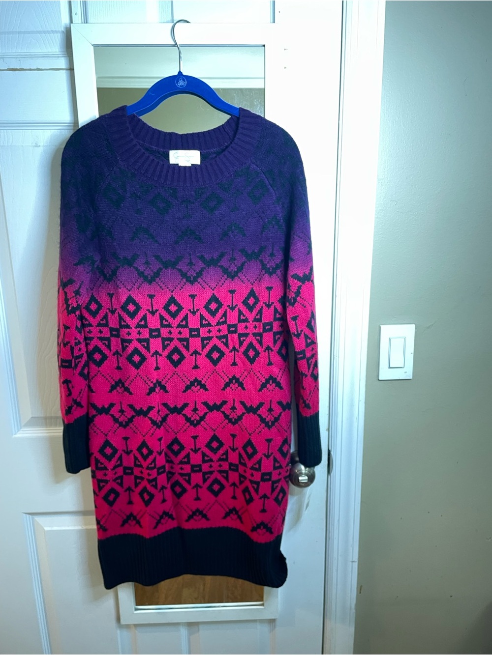 Jessica Simpson Pink Black Purple Geometric Mini Sweater Dress Size L NWT